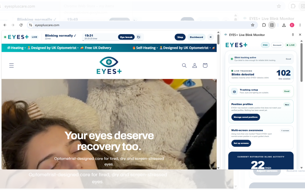 EYES+ Live Pro dashboard running in Google Chrome on a laptop